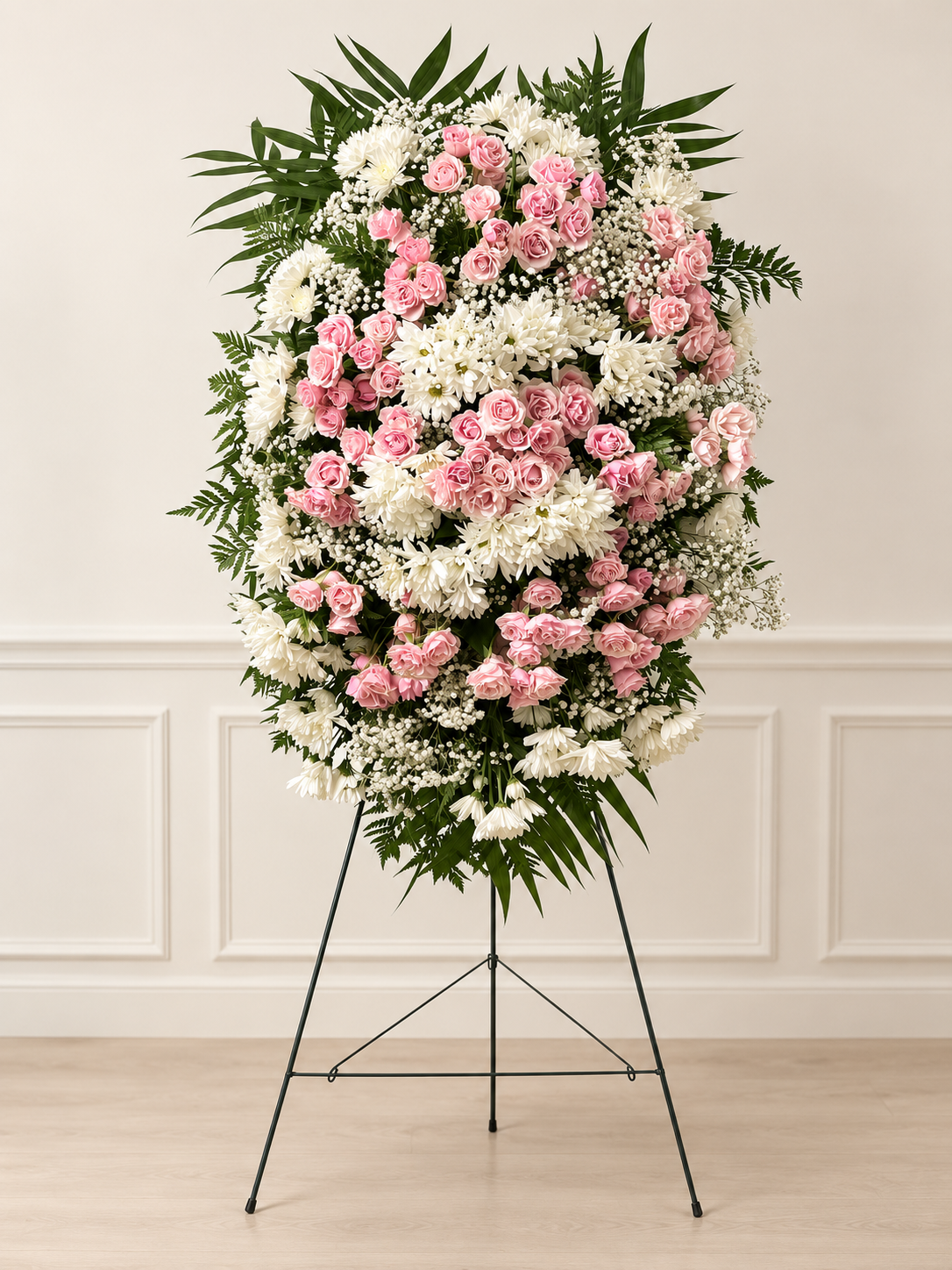 Blush Serenity Standing Spray with pink spray roses and white chrysanthemums
