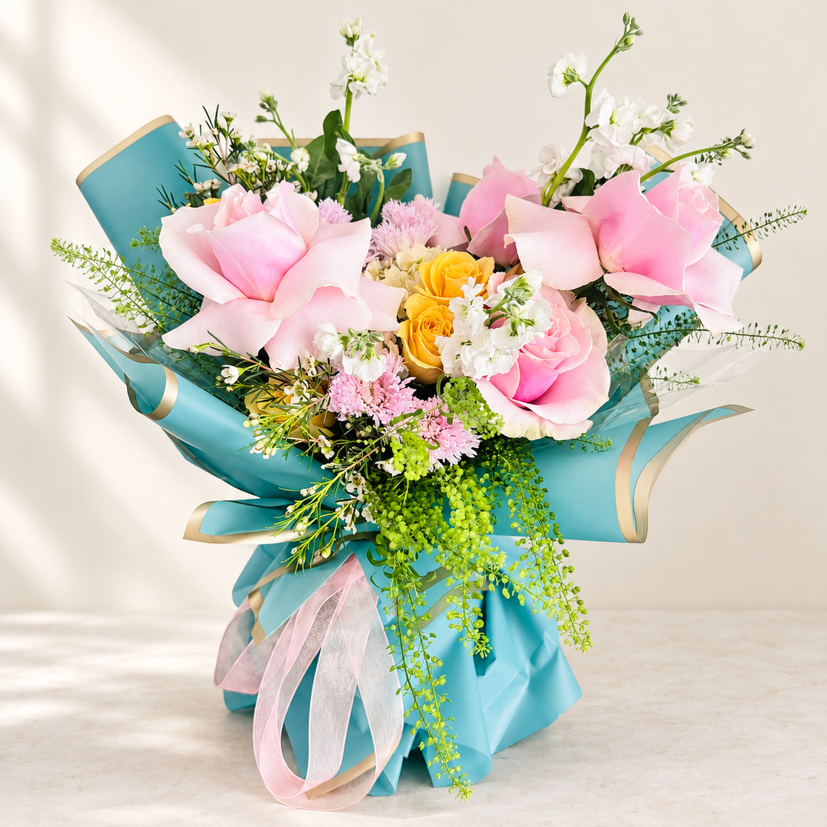 Teal Blush Rose Bouquet