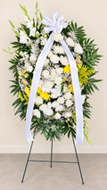 White Grace Standing Spray with white roses, chrysanthemums and plain satin ribbon