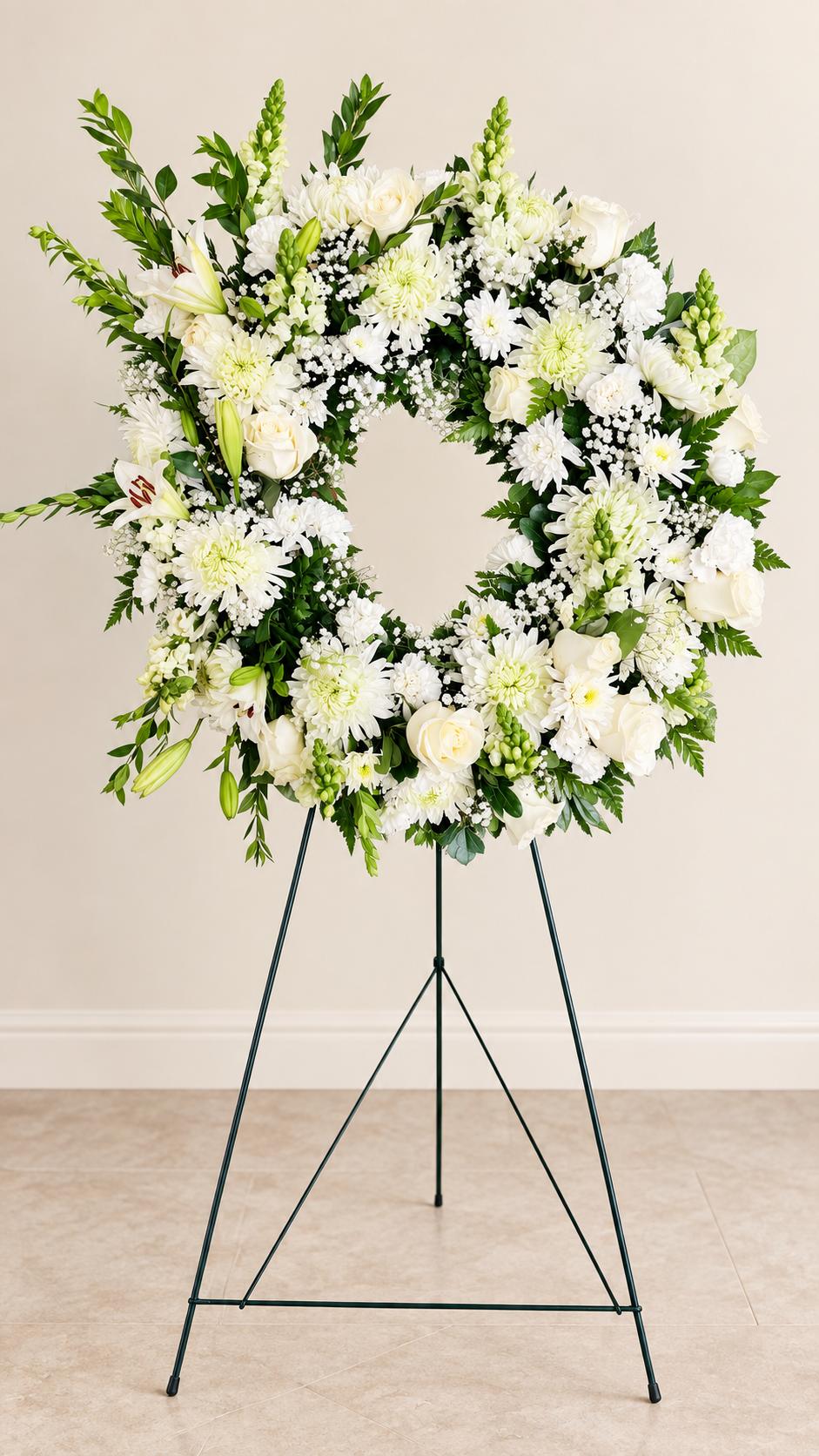 White Lily Remembrance Wreath with an open circular center